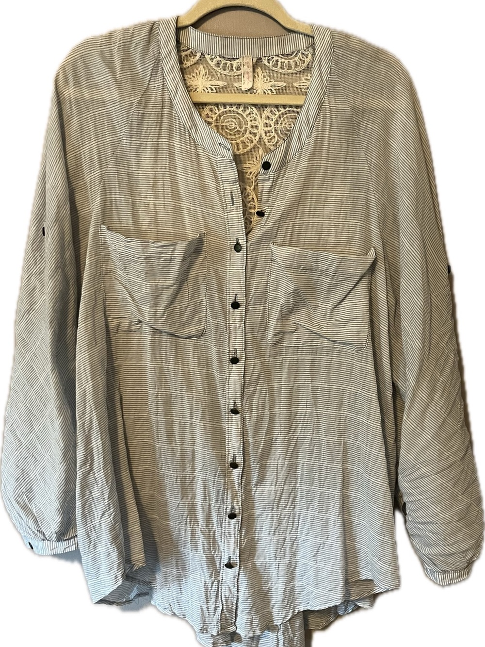 Free People Cream and Lt. Blue/ Grayish Striped Button Front Blouse